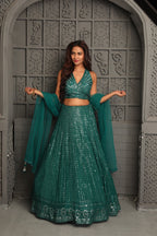 Green sequins lehenga with soft organza dupatta