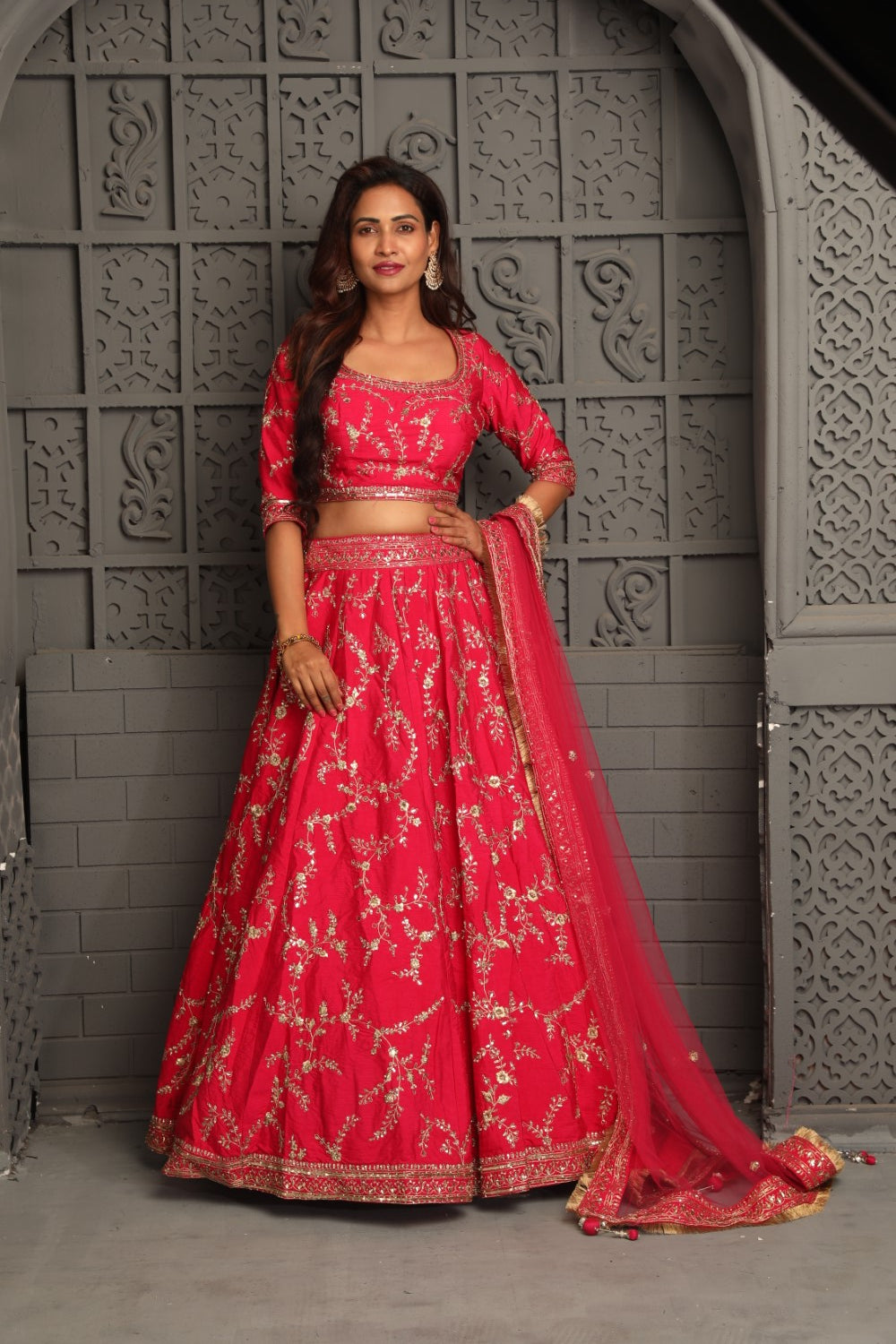 Classy red lehenga with all hand embroidered hand work Main image
