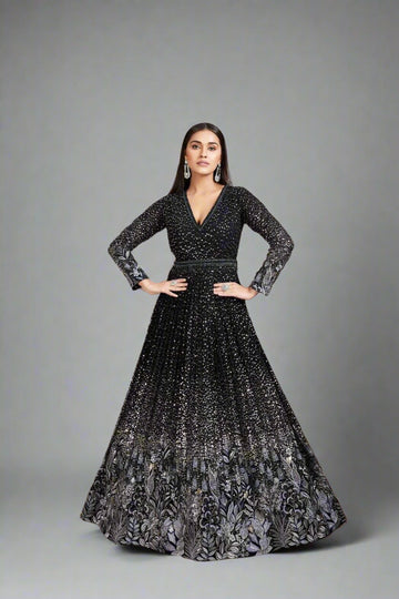 Dazzle in this black Anarkali gown with shimmering sequins