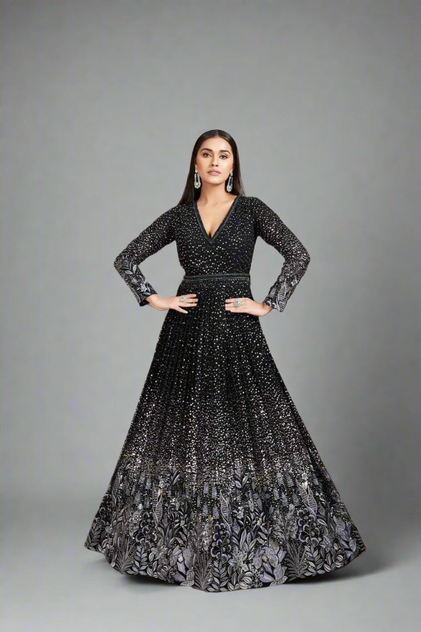 Dazzle in this black Anarkali gown with shimmering sequins