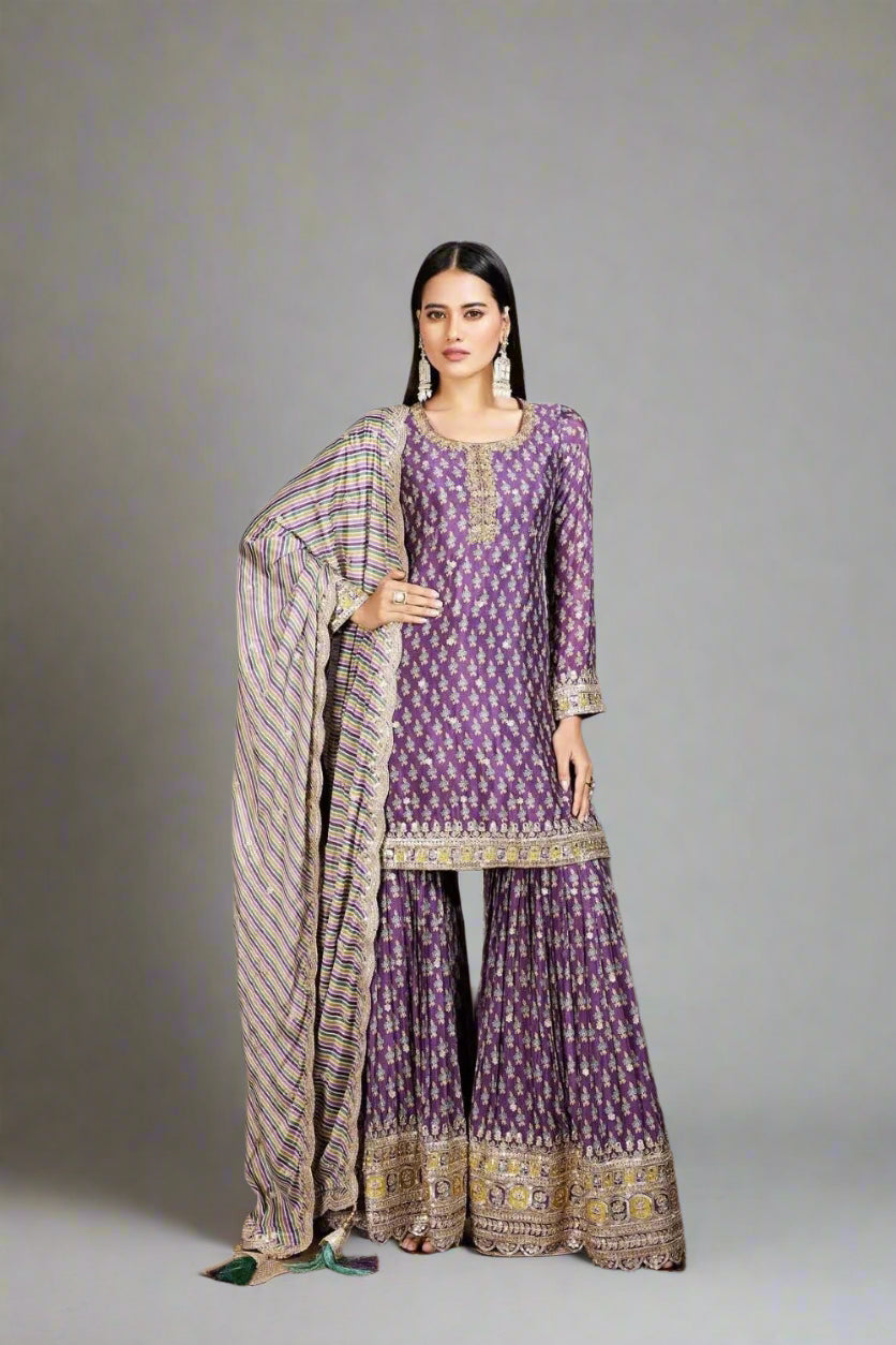 Radiate charm in this vibrant purple sharara, Main image